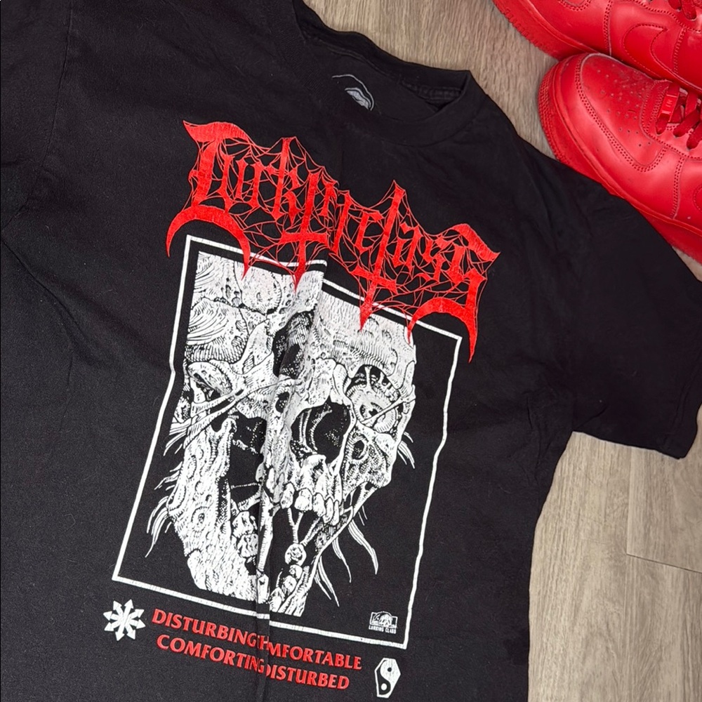 Disturbing Black Graphic Tee with Red Print